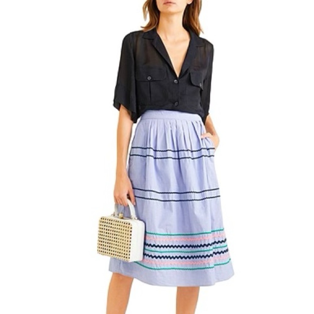 NWT J. Crew Blue Rickrack Trim Poplin Midi Skirt in Peri 100% Cotton Size Medium